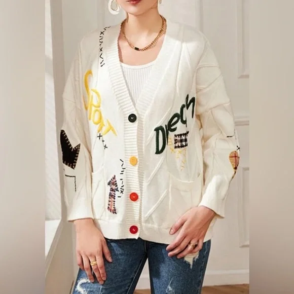 Cable Knit Cozy Embroidered Cardigan Sweater Size M - Picture 10 of 10